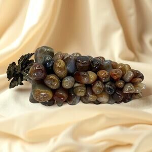 Genuine Banded Agate Bunch of Grapes Italian with Silver Leaves 1990s 8 Inch